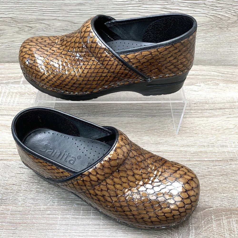 SANITA Women's Professional Work Clog Shoe Snake Print Brown US 9.5 EU 40